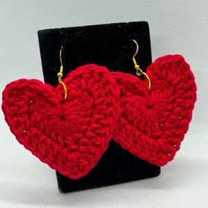 Large heart earrings red crochet cotton yarn hypoallergenic hooks gold plated